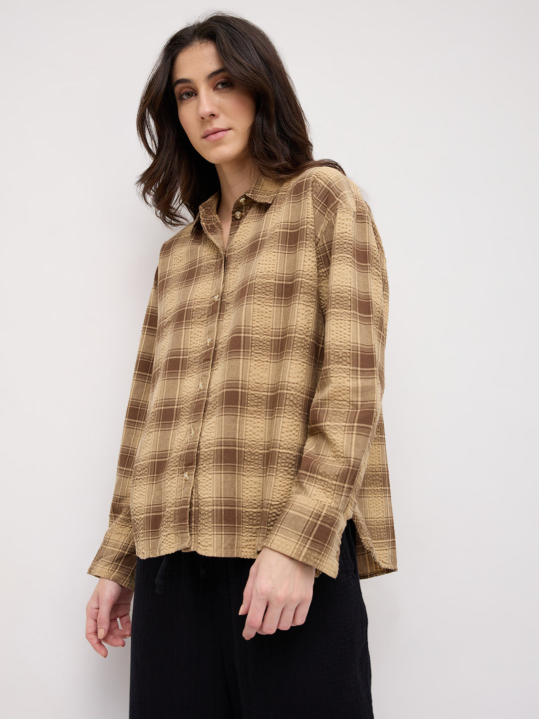 Brown & Beige Seersucker Checked Oversized Shirt