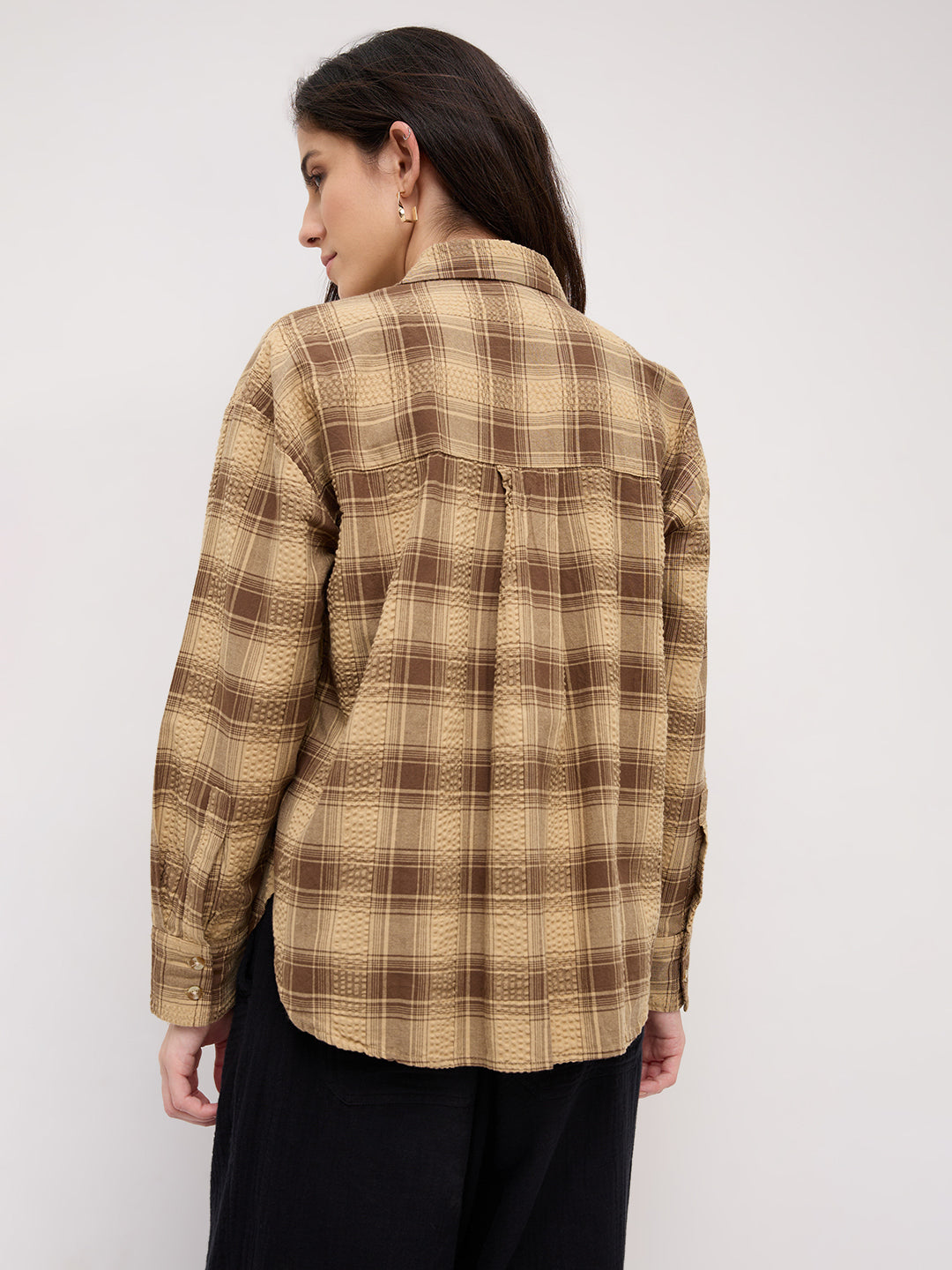 Brown & Beige Seersucker Checked Oversized Shirt