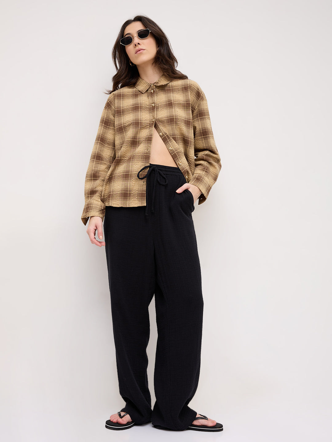 Brown & Beige Seersucker Checked Oversized Shirt