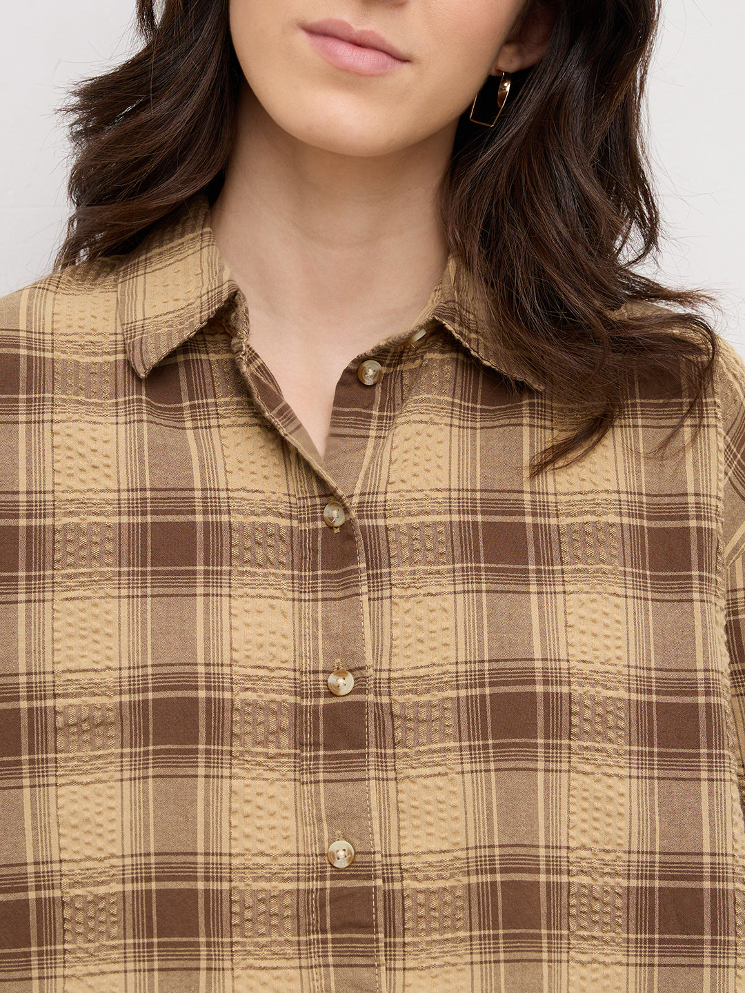 Brown & Beige Seersucker Checked Oversized Shirt