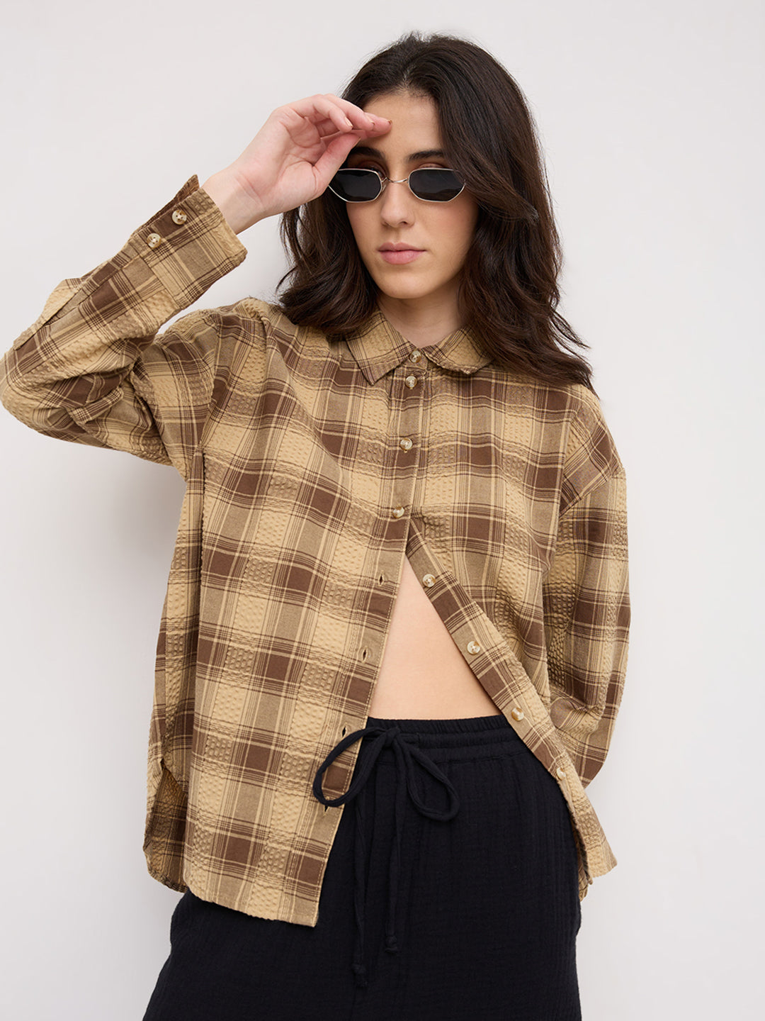 Brown & Beige Seersucker Checked Oversized Shirt