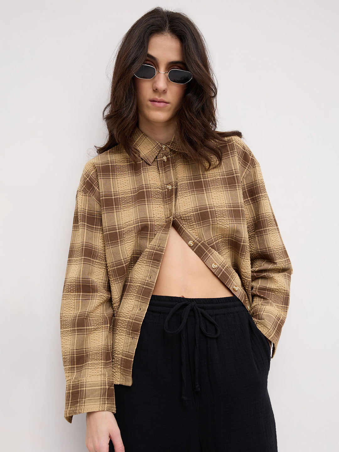 Brown & Beige Seersucker Checked Oversized Shirt