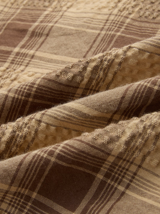 Brown & Beige Seersucker Checked Oversized Shirt