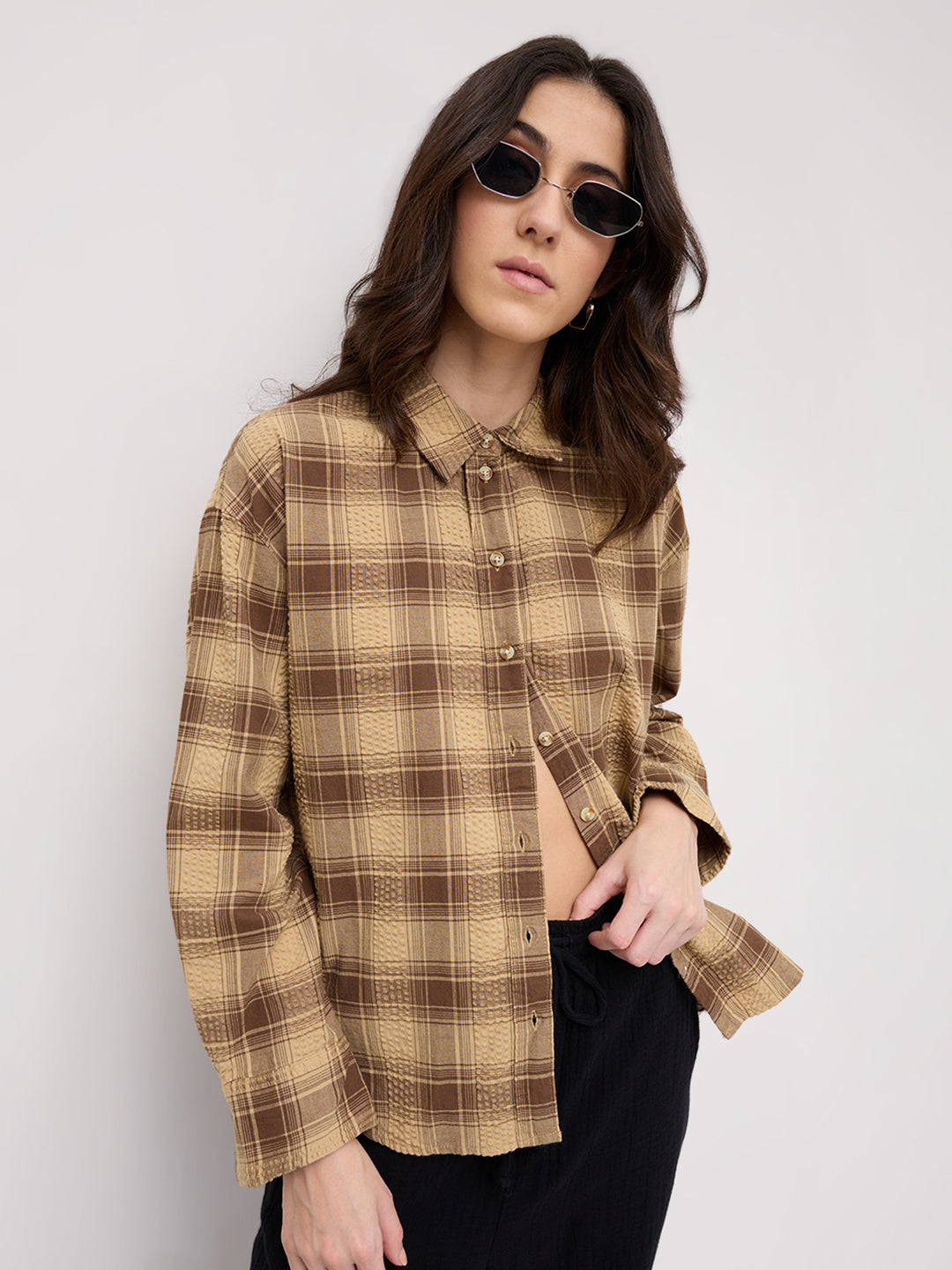 Brown & Beige Seersucker Checked Oversized Shirt
