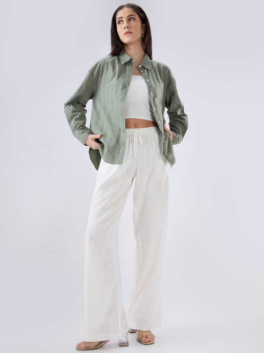 Olive Seersucker Textured Oversized Shirt