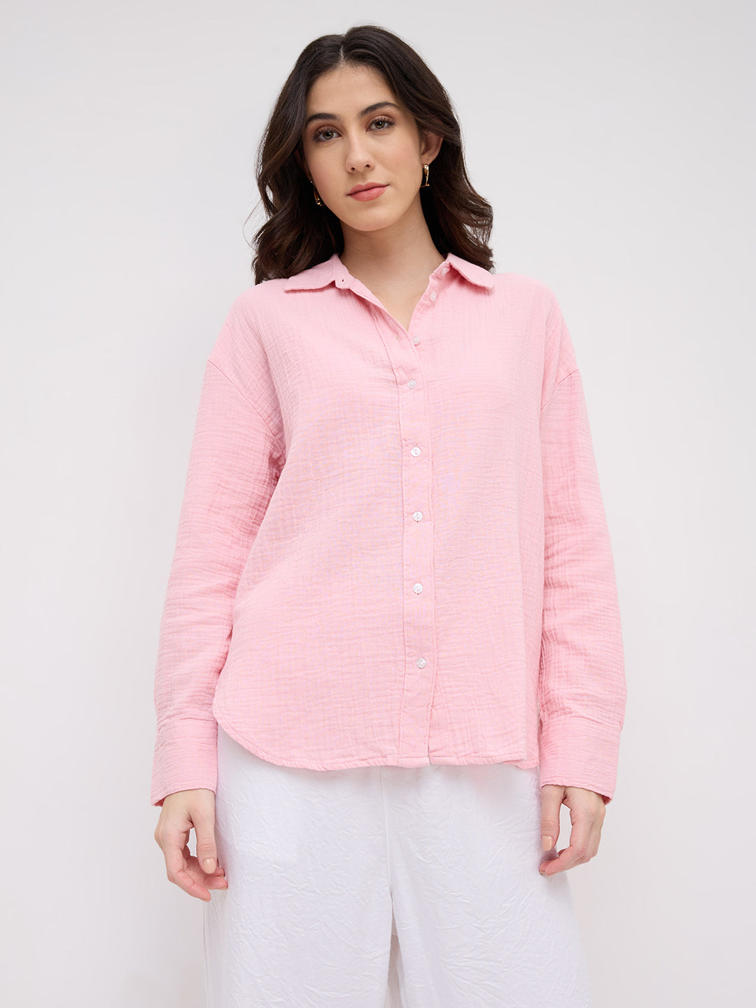 Solid Baby Pink Double Cloth Oversized Shirt