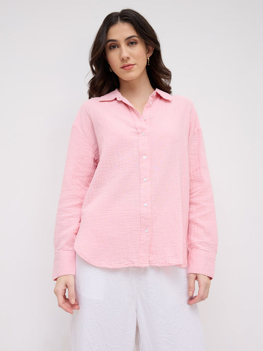 Solid Baby Pink Double Cloth Oversized Shirt