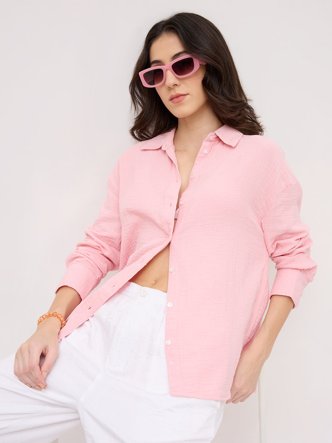 Solid Baby Pink Double Cloth Oversized Shirt