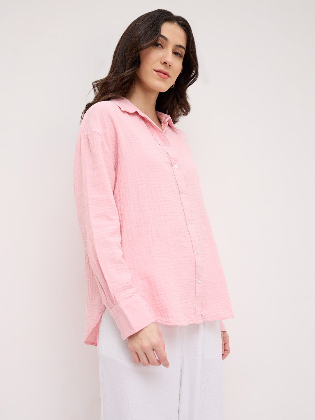 Solid Baby Pink Double Cloth Oversized Shirt