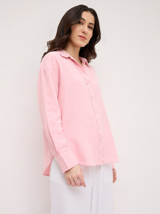 Solid Baby Pink Double Cloth Oversized Shirt