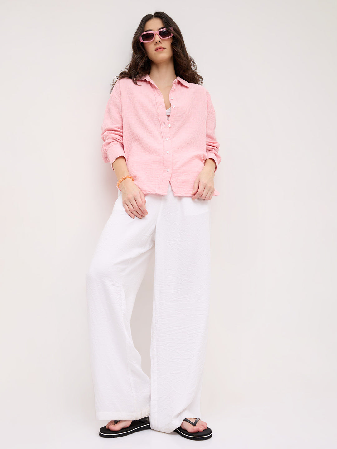 Solid Baby Pink Double Cloth Oversized Shirt