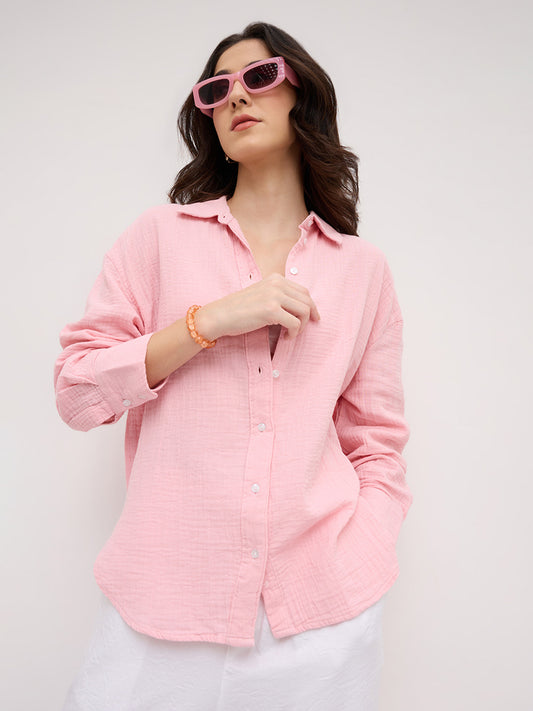 Solid Baby Pink Double Cloth Oversized Shirt