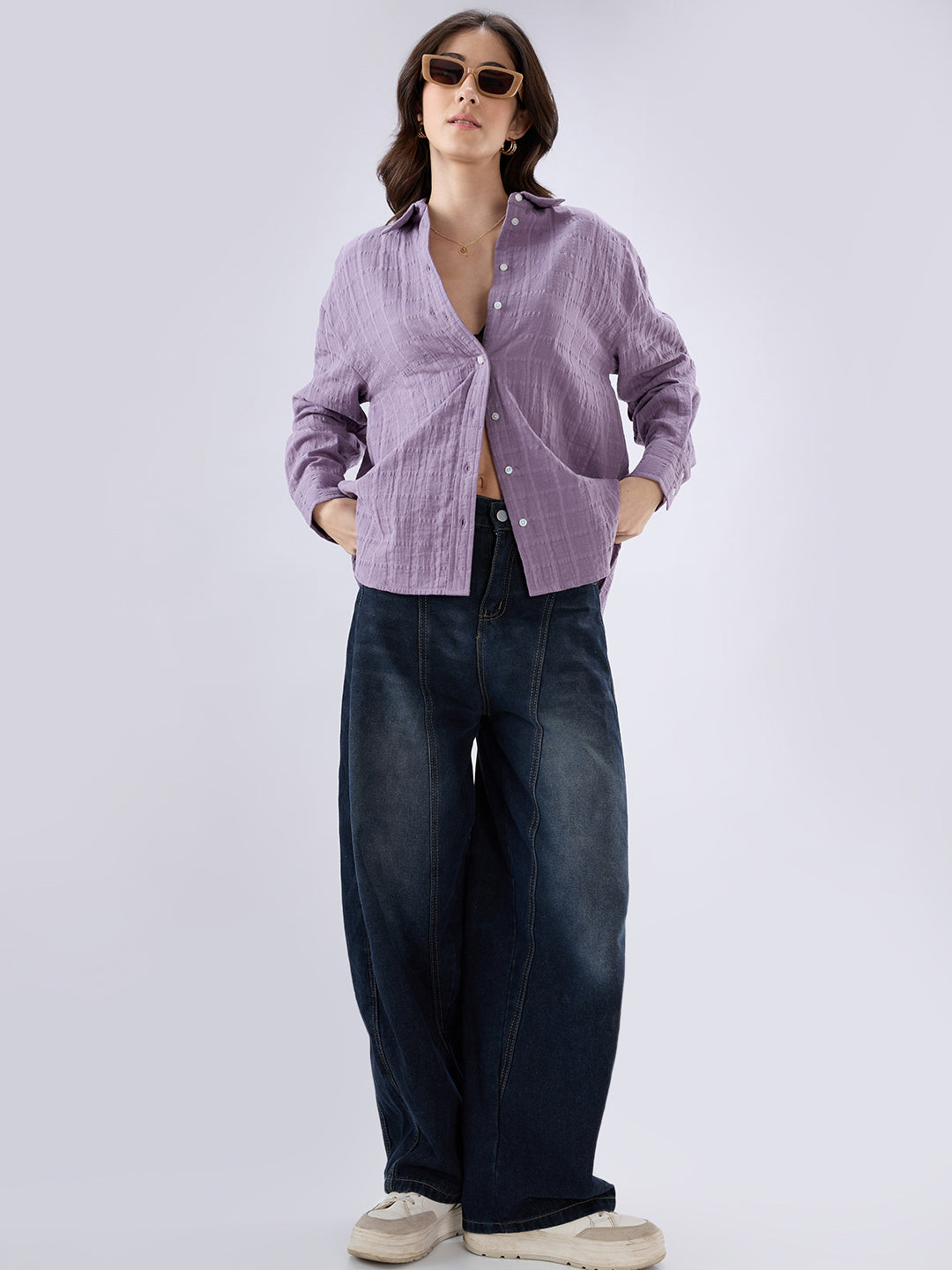 Lavender Seersucker Checked Doublecloth Oversized Shirt
