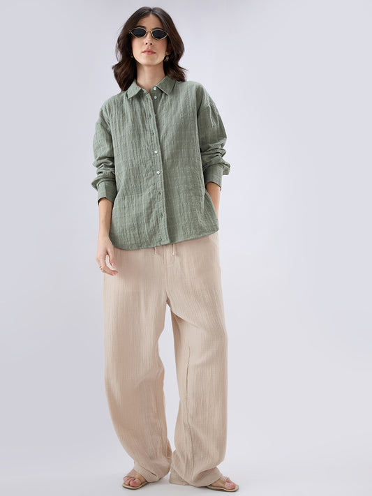 Asparagus Green Seersucker Doublecloth Oversized Shirt