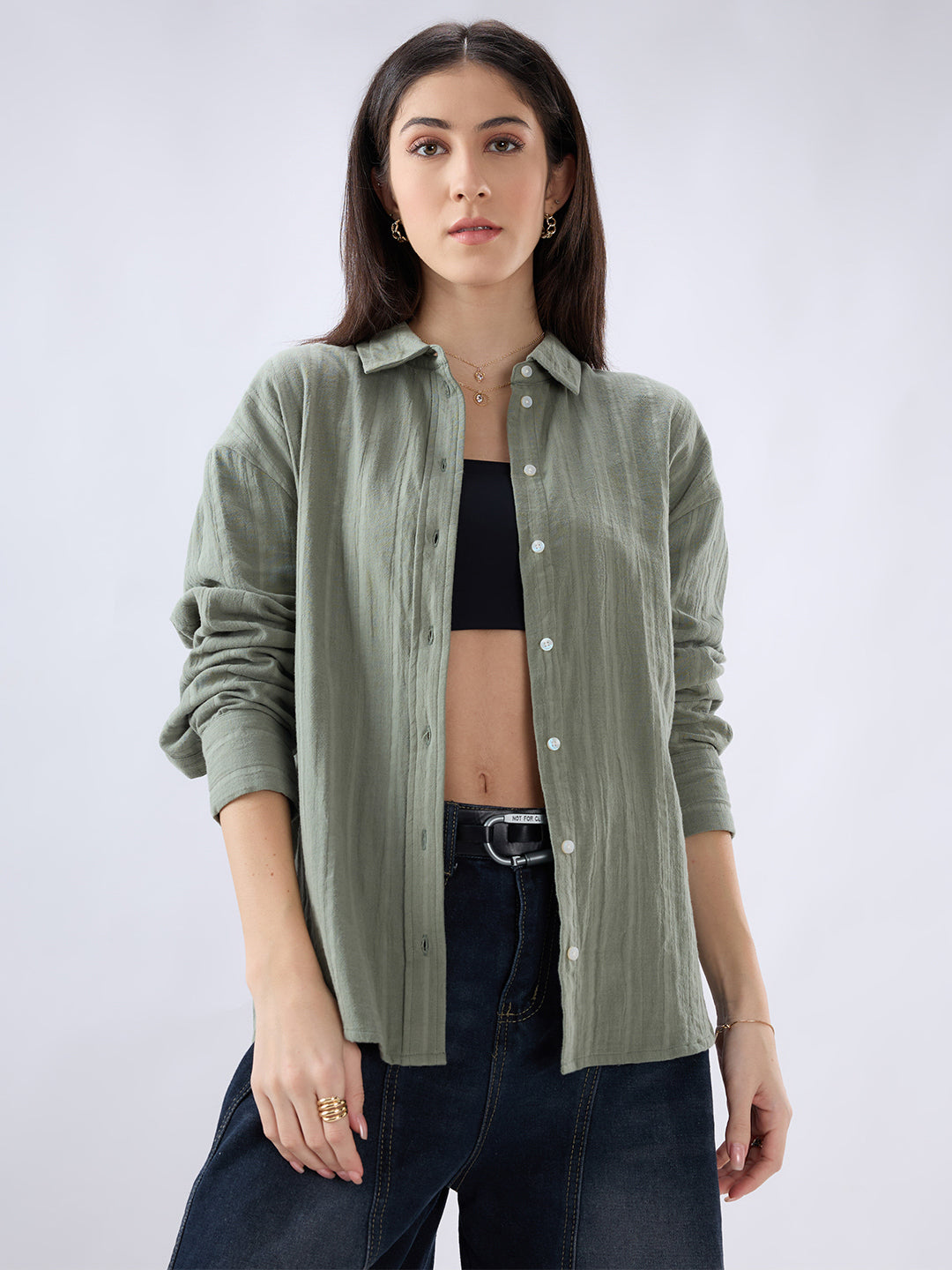 Asparagus Green Seersucker Striped Doublecloth Oversized Shirt