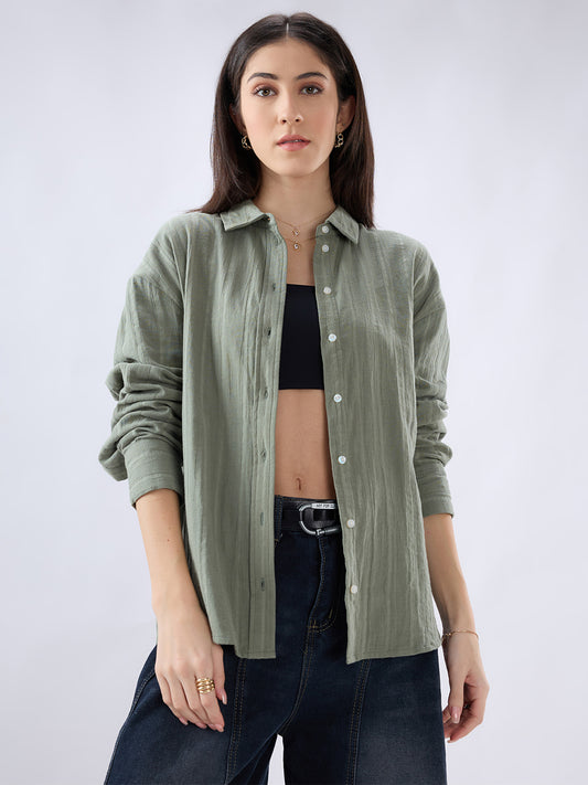 Asparagus Green Seersucker Striped Doublecloth Oversized Shirt