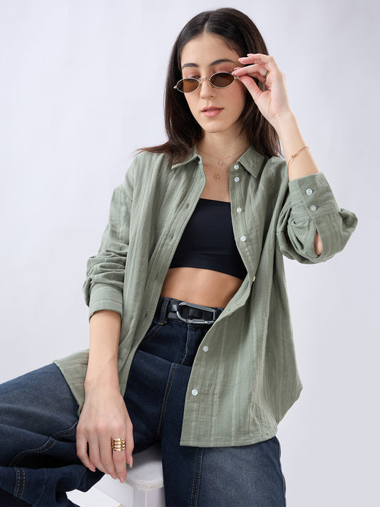 Asparagus Green Seersucker Striped Doublecloth Oversized Shirt
