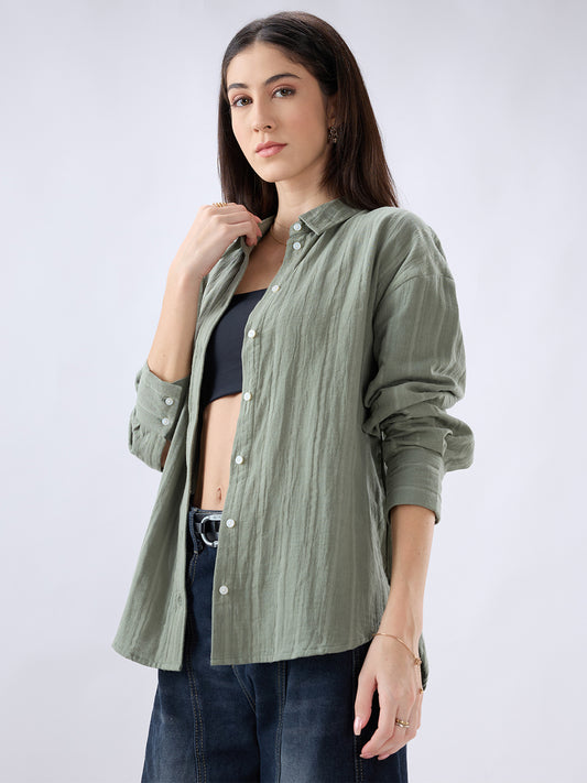 Asparagus Green Seersucker Striped Doublecloth Oversized Shirt