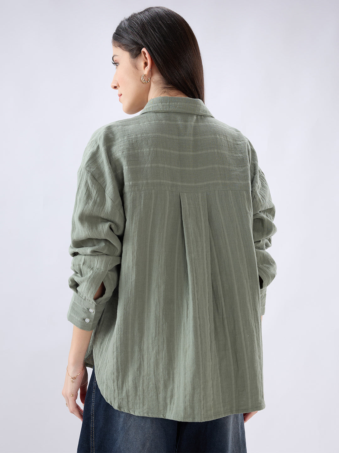 Asparagus Green Seersucker Striped Doublecloth Oversized Shirt