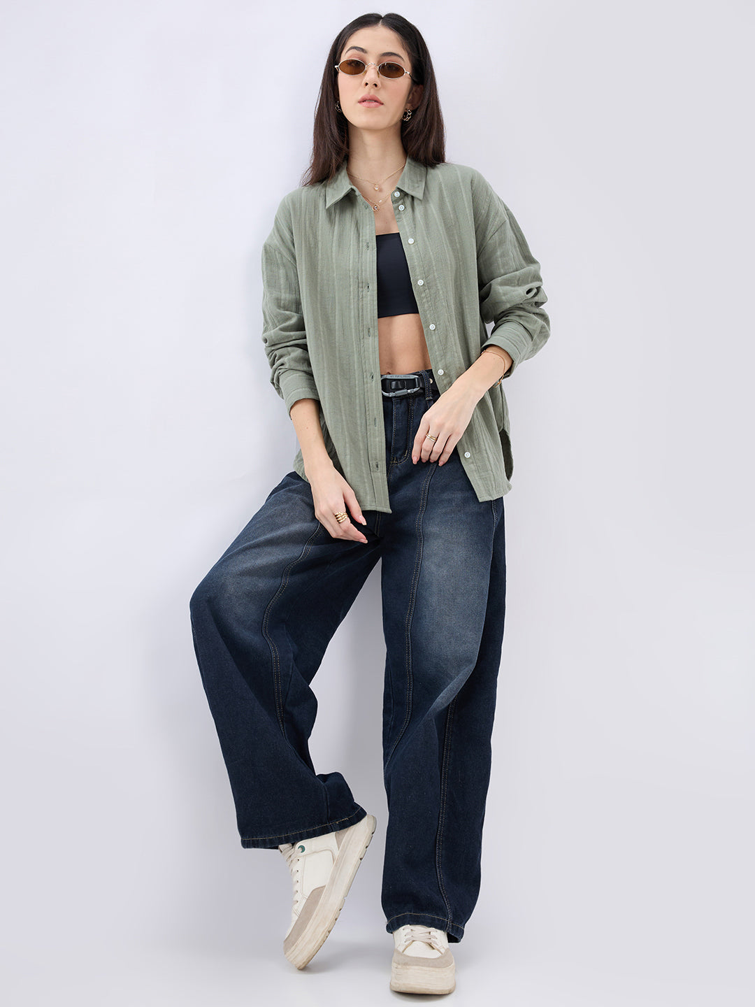 Asparagus Green Seersucker Striped Doublecloth Oversized Shirt