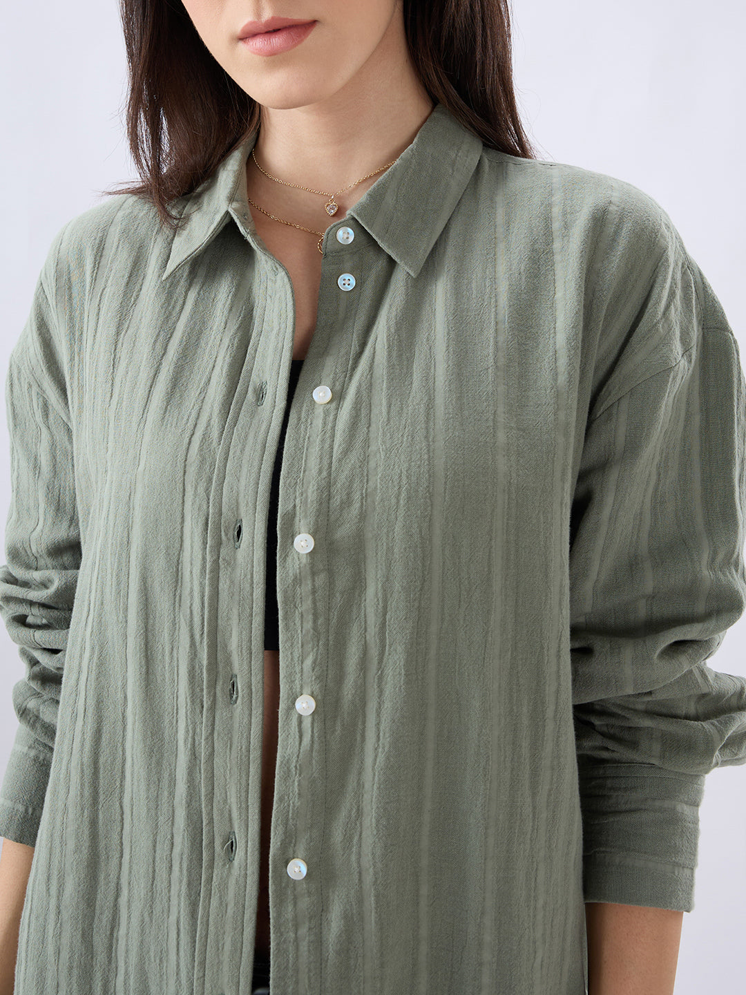 Asparagus Green Seersucker Striped Doublecloth Oversized Shirt