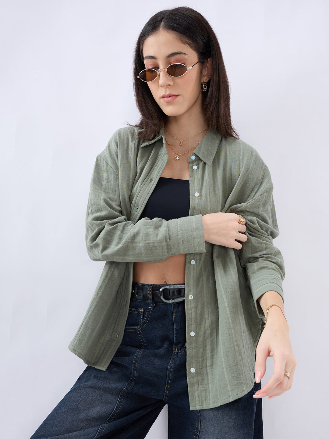Asparagus Green Seersucker Striped Doublecloth Oversized Shirt