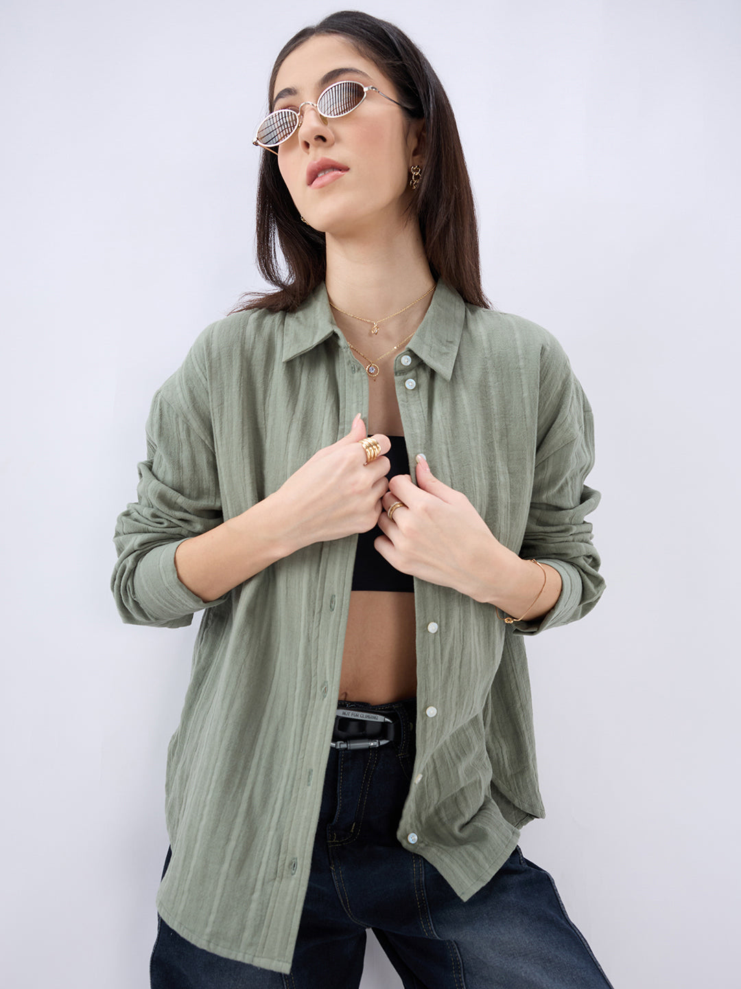 Asparagus Green Seersucker Striped Doublecloth Oversized Shirt