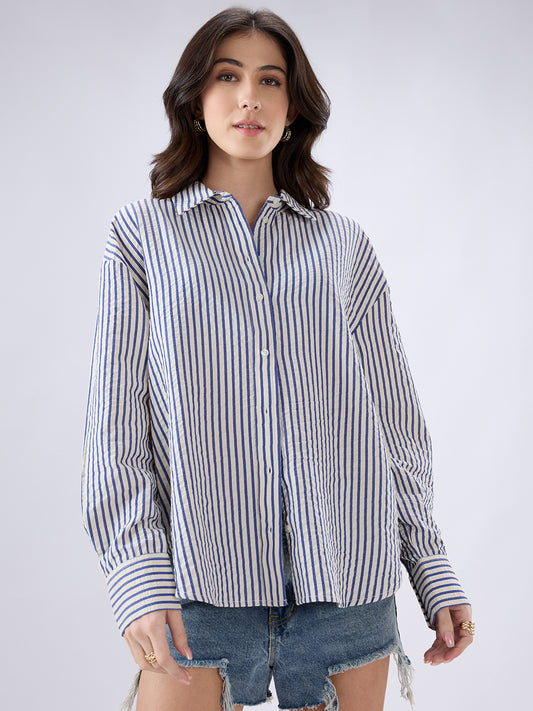 White & Blue Seersucker Striped Oversized Shirt