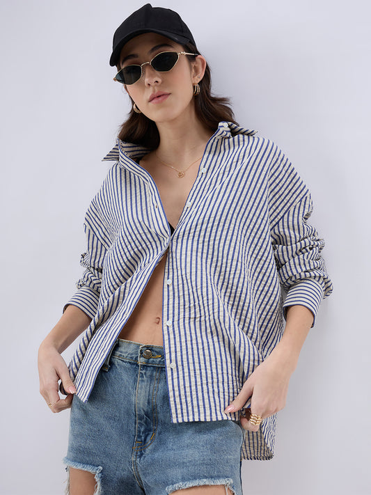 White & Blue Seersucker Striped Oversized Shirt