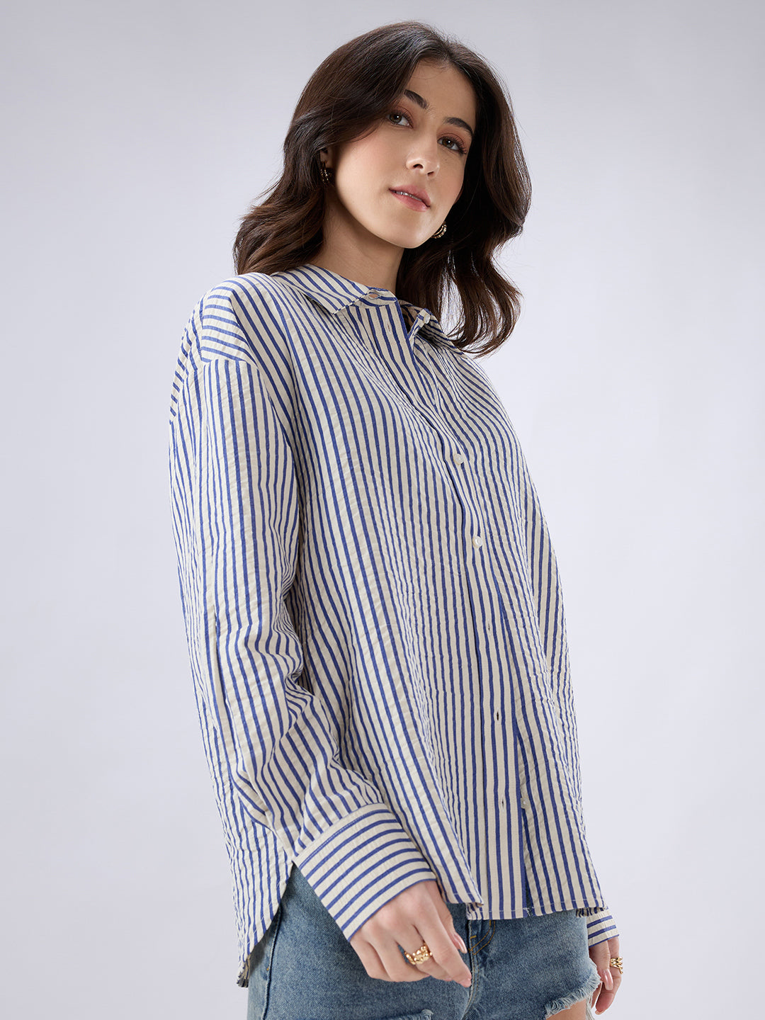 White & Blue Seersucker Striped Oversized Shirt