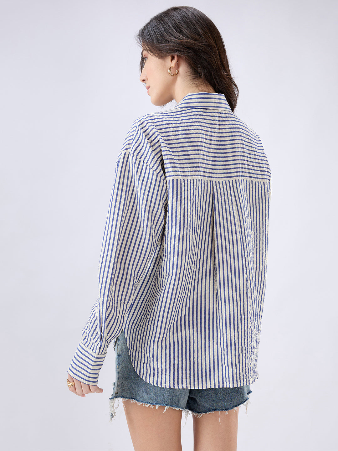 White & Blue Seersucker Striped Oversized Shirt