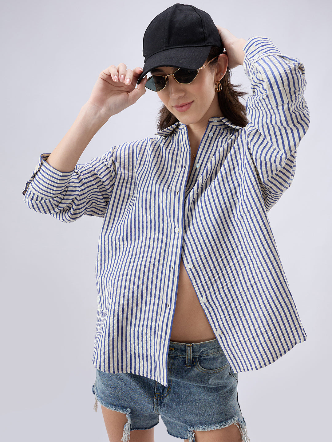 White & Blue Seersucker Striped Oversized Shirt