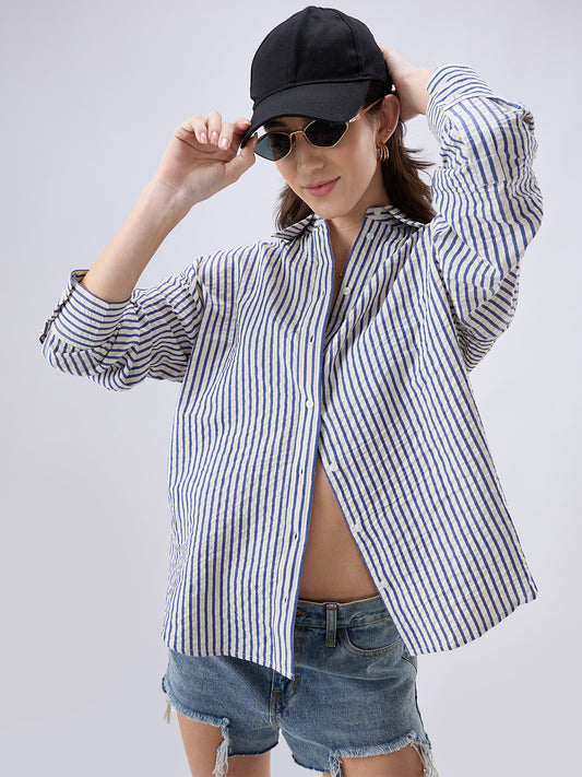 White & Blue Seersucker Striped Oversized Shirt