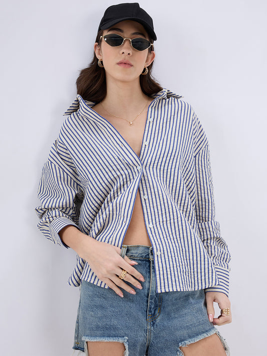 White & Blue Seersucker Striped Oversized Shirt