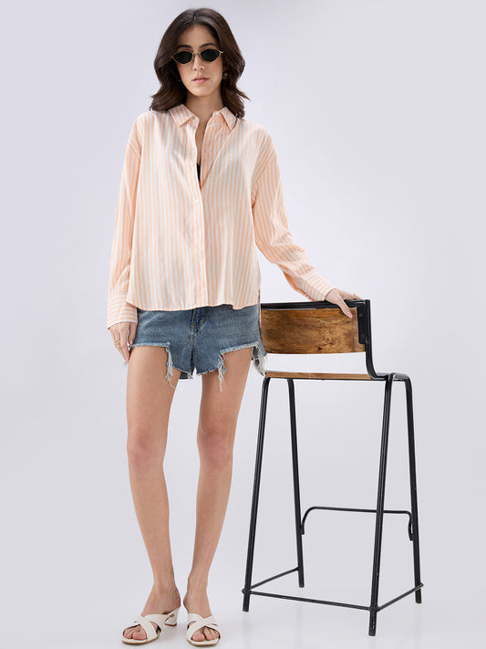 Peachy Orange & white Striped Oversized Shirt