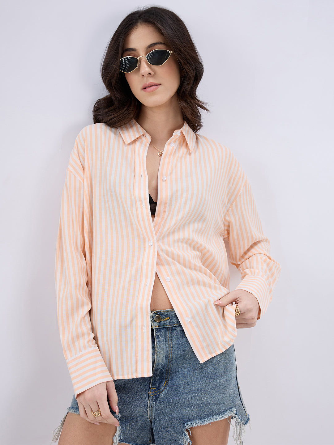 Peachy Orange & white Striped Oversized Shirt