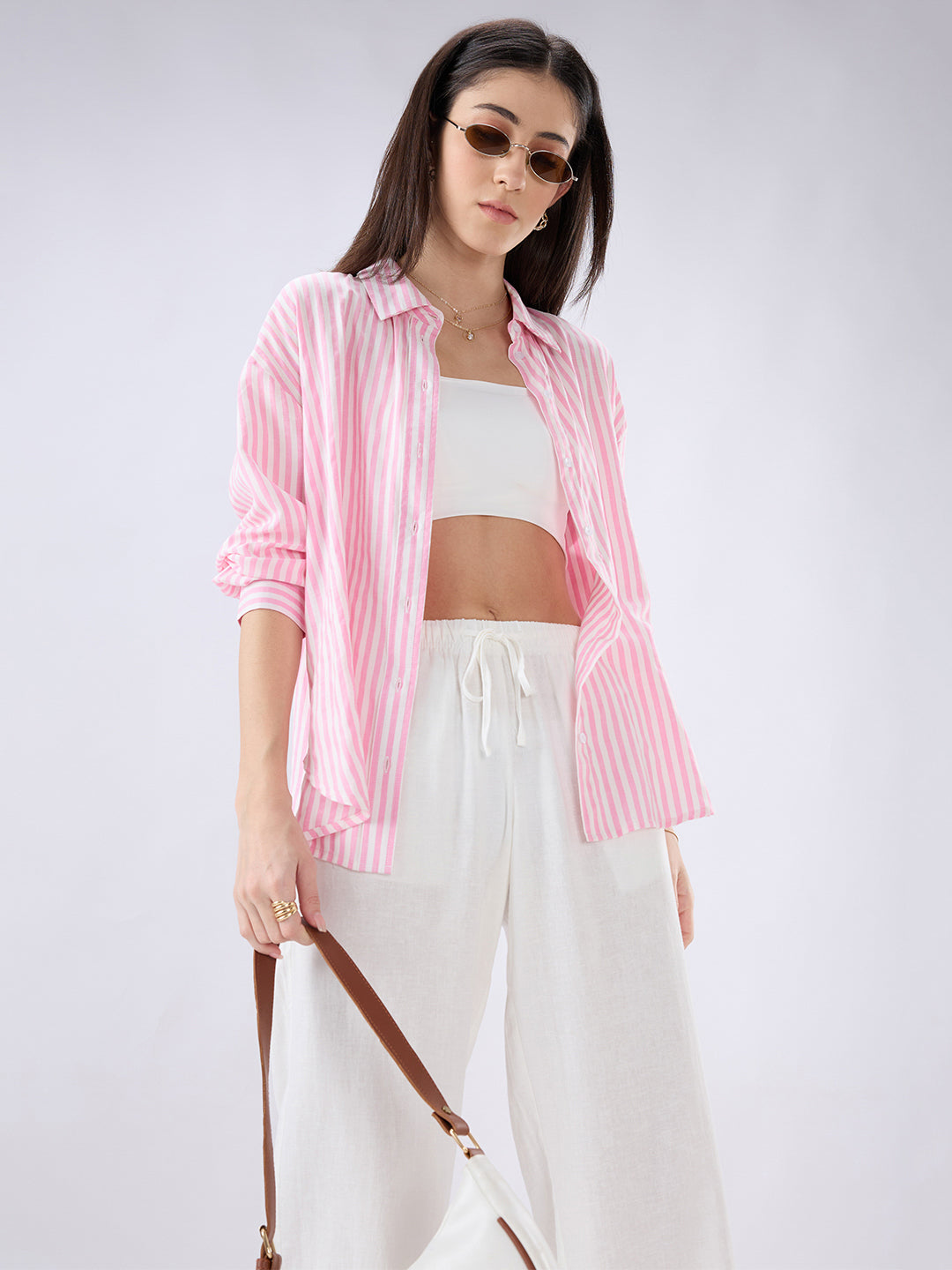 Candy Pink and White Balanced Striped Oversized Shirt