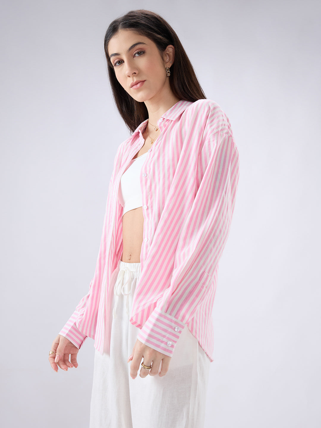Candy Pink and White Balanced Striped Oversized Shirt