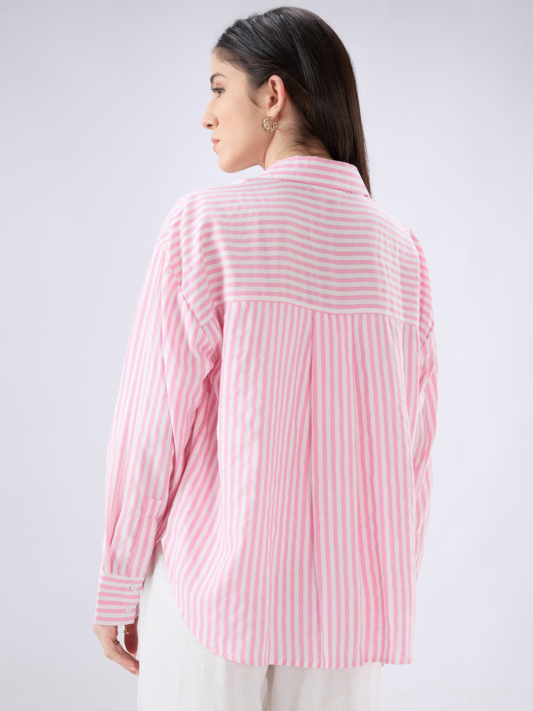 Candy Pink and White Balanced Striped Oversized Shirt