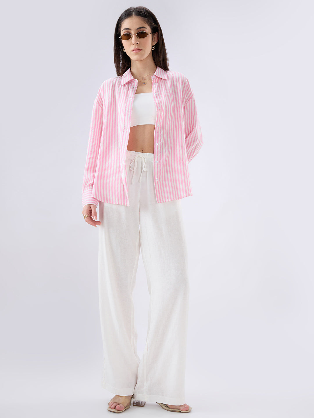 Candy Pink and White Balanced Striped Oversized Shirt