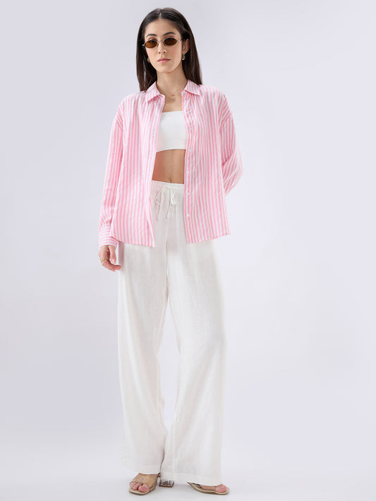 Candy Pink and White Balanced Striped Oversized Shirt