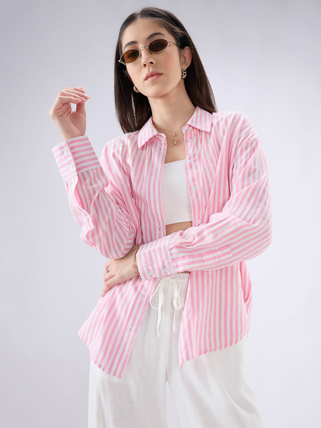 Candy Pink and White Balanced Striped Oversized Shirt
