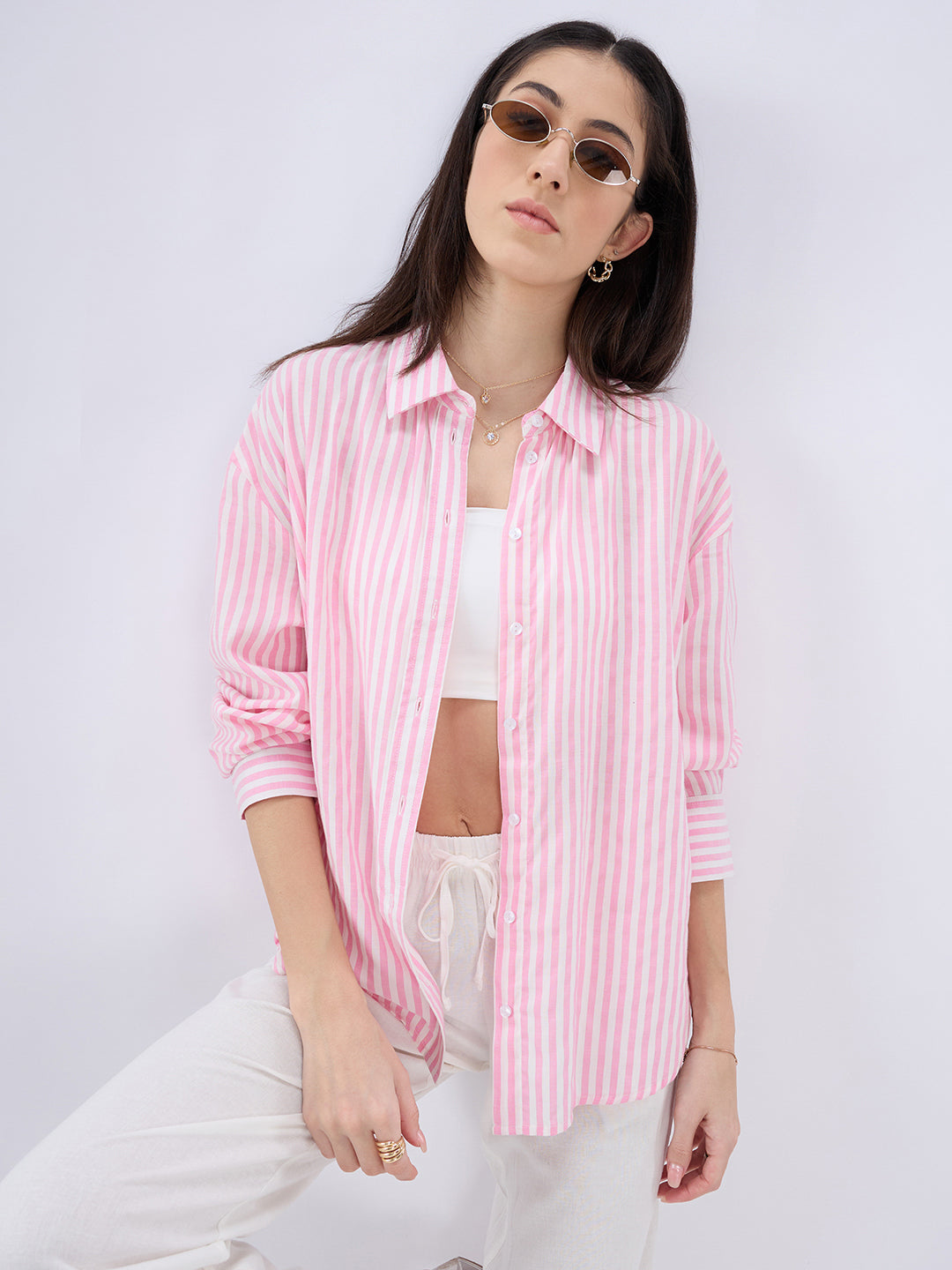 Candy Pink and White Balanced Striped Oversized Shirt