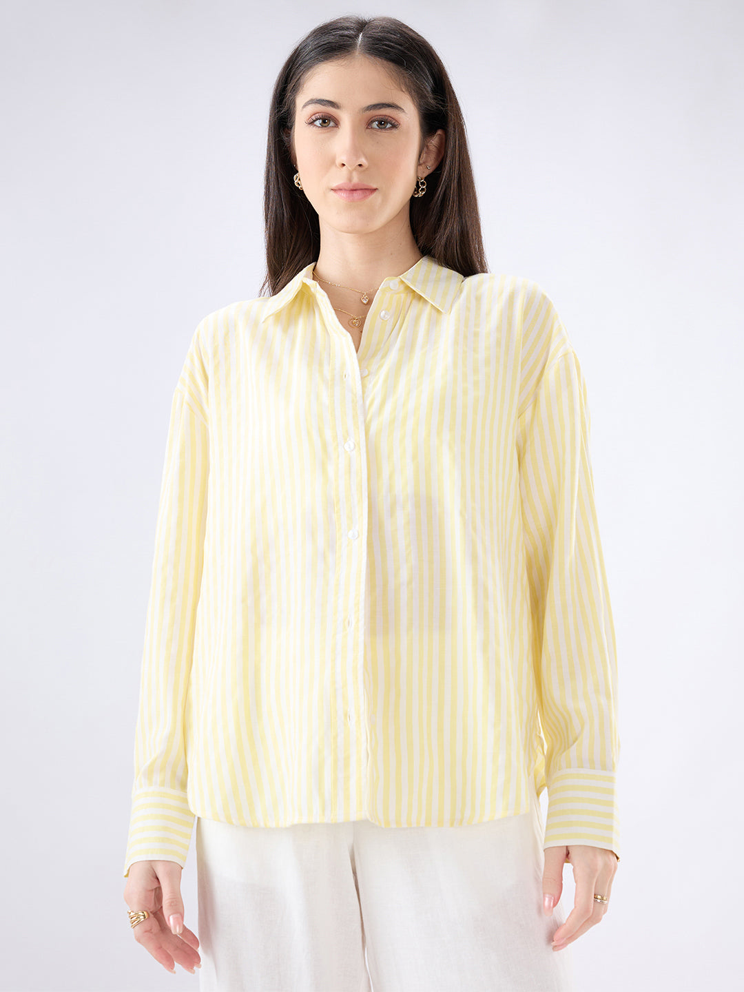 Bright Yellow and White Balanced Striped Oversized Shirt