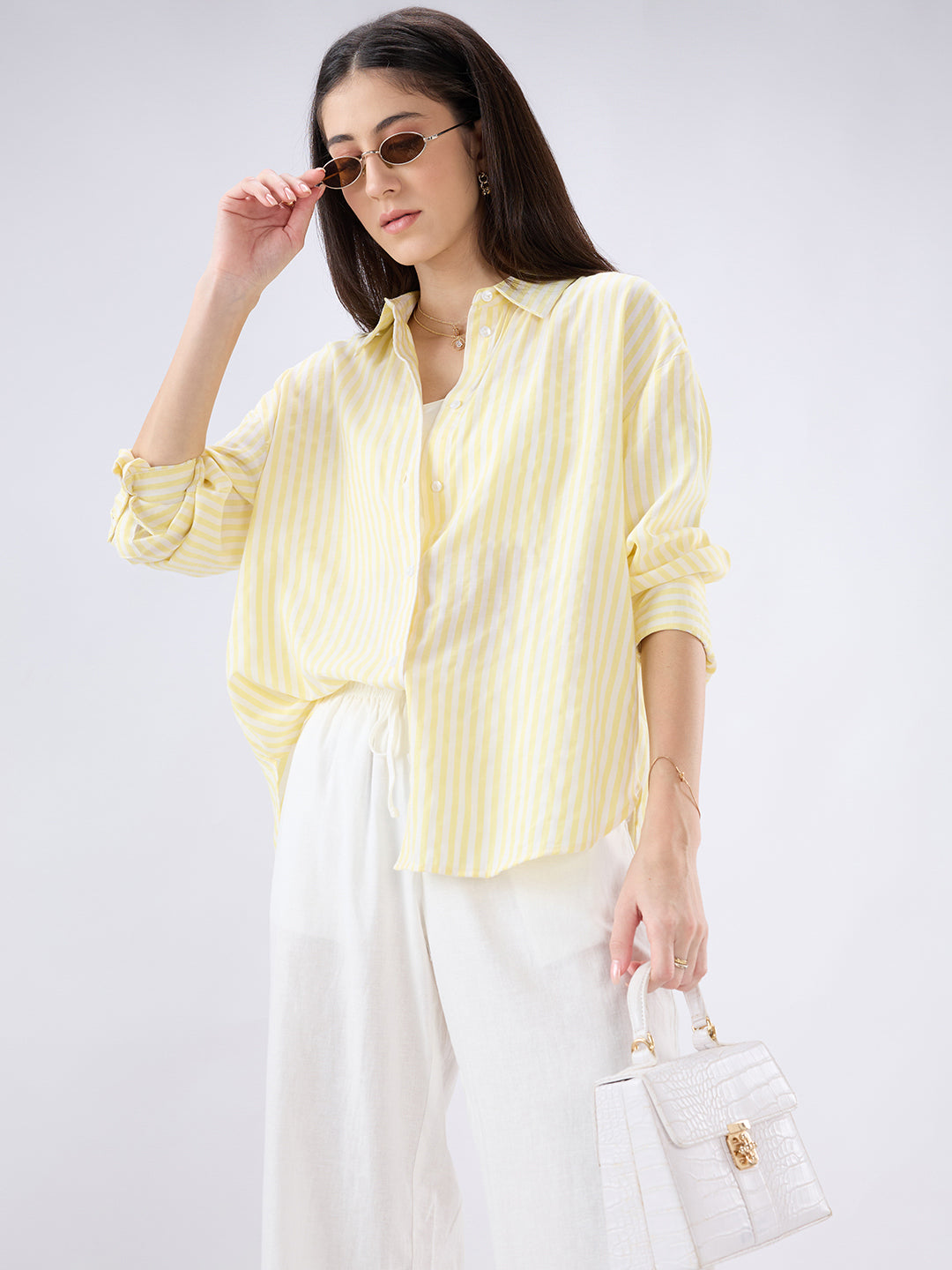 Bright Yellow and White Balanced Striped Oversized Shirt