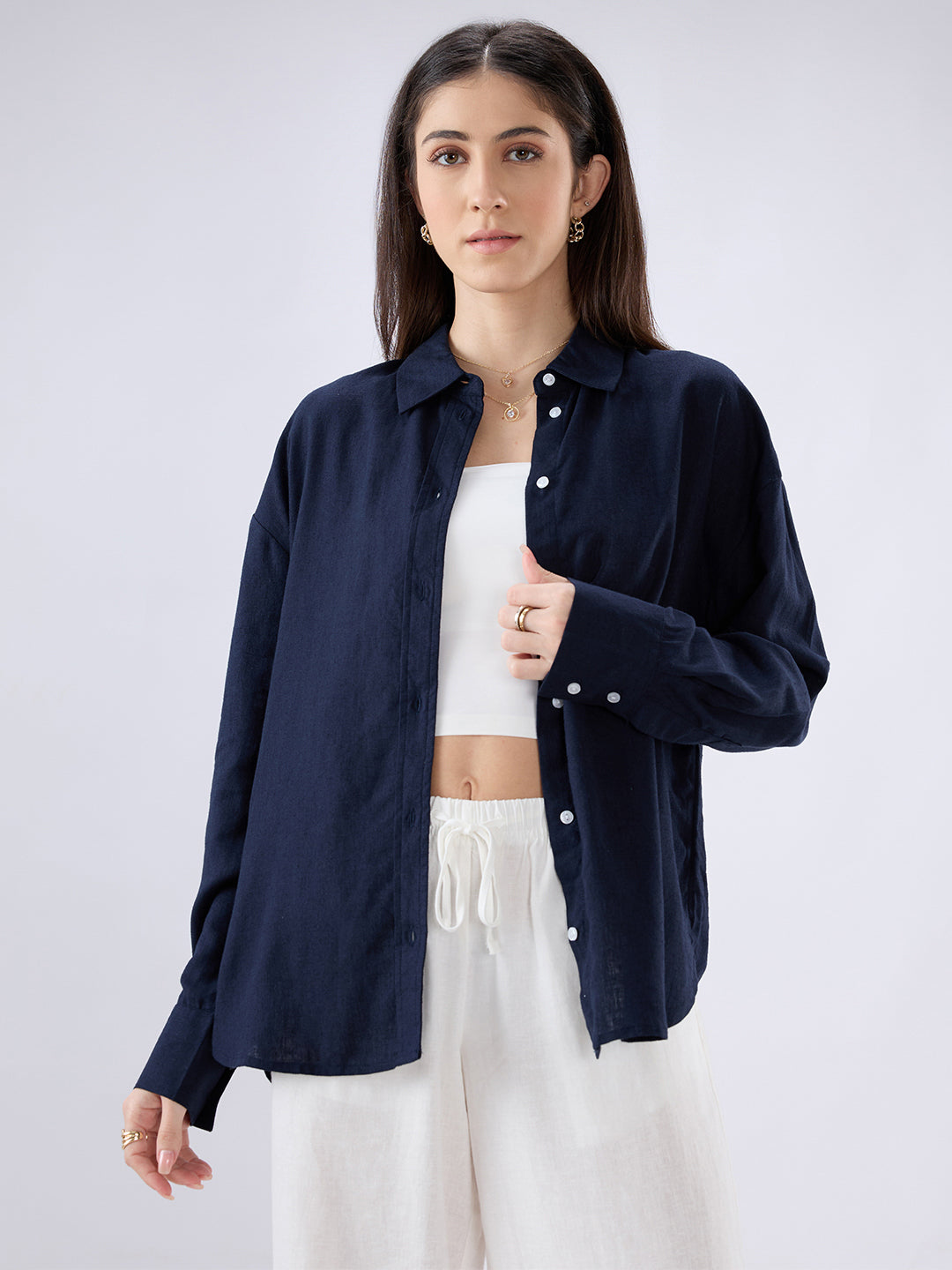 Solid Navy Linen Blend Oversized Shirt