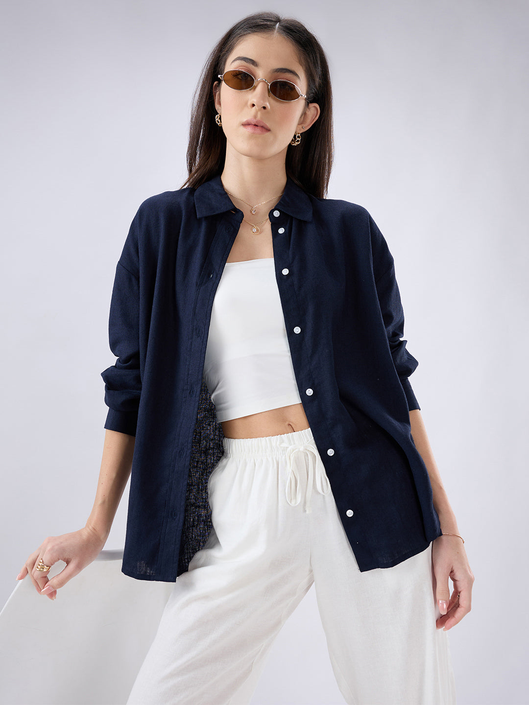 Solid Navy Linen Blend Oversized Shirt