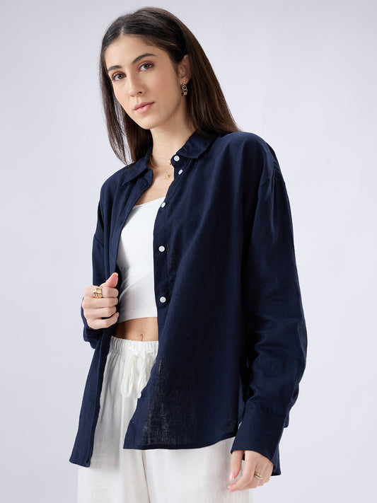 Solid Navy Linen Blend Oversized Shirt