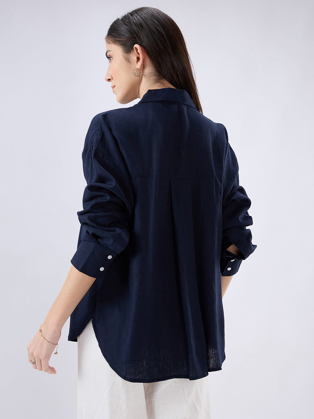 Solid Navy Linen Blend Oversized Shirt
