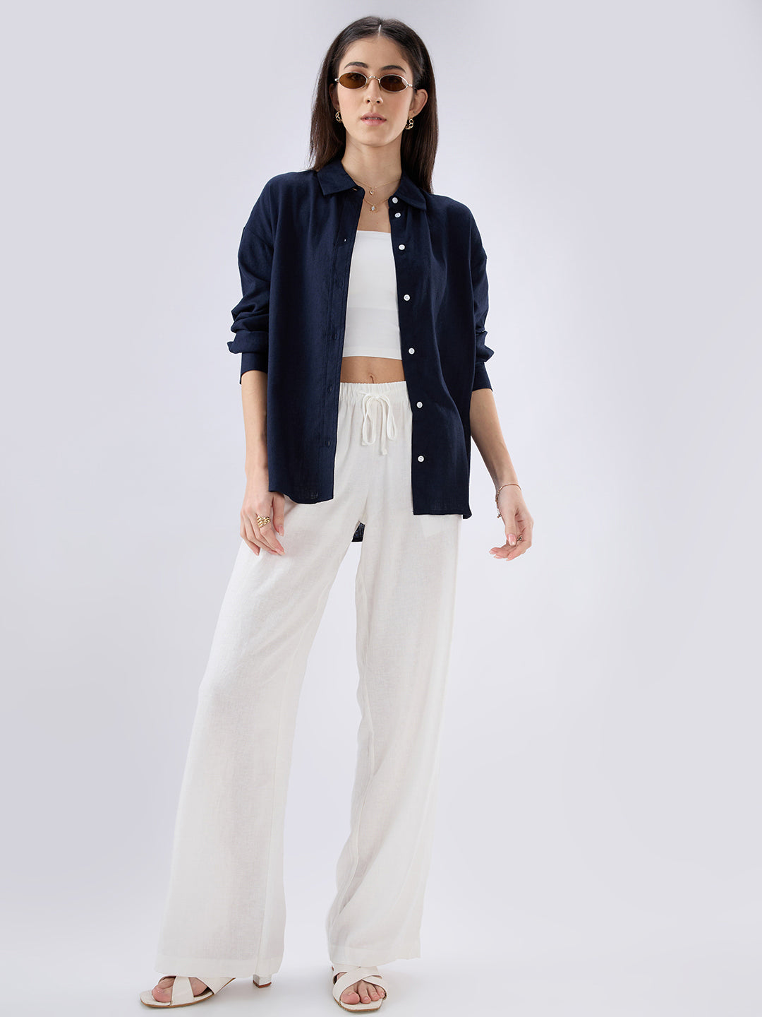 Solid Navy Linen Blend Oversized Shirt